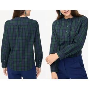 J Crew Factory | Ruffle-placket button-up top | Green & Blue Plaid | Sz Petite M
